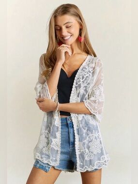 White white lace crochet tapestry patchwork floral cardigan tunic top blouse